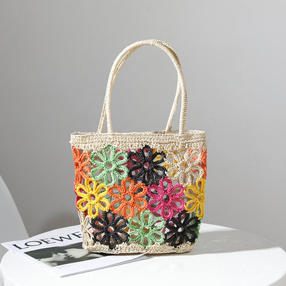 Bolso de paja de verano fresco con recortes florales, tejido a mano, para mujer, bolso portátil para vacaciones en la playa 