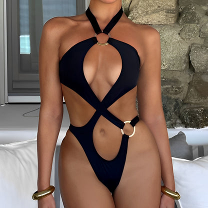 Traje de baño de bikini sexy de color sólido con aberturas y cortes, traje de baño siamés