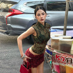 Spring Women Clothing Printed Slim Mandarin Collar Personality See through Sleeveless Waist-Controlled Top YIMAIL