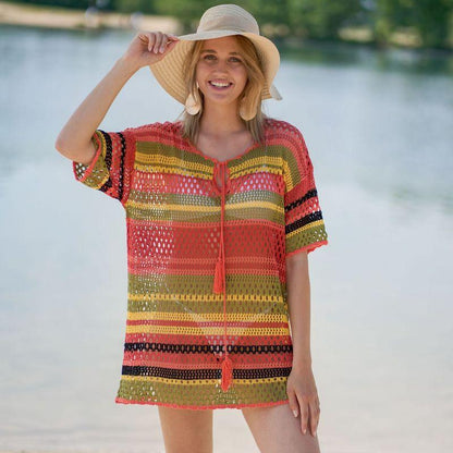 Blusa de bikini de punto con rayas de colores para playa, sexy, con aberturas y protección solar para vacaciones