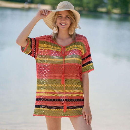 Blusa de bikini de punto con rayas de colores para playa, sexy, con aberturas y protección solar para vacaciones