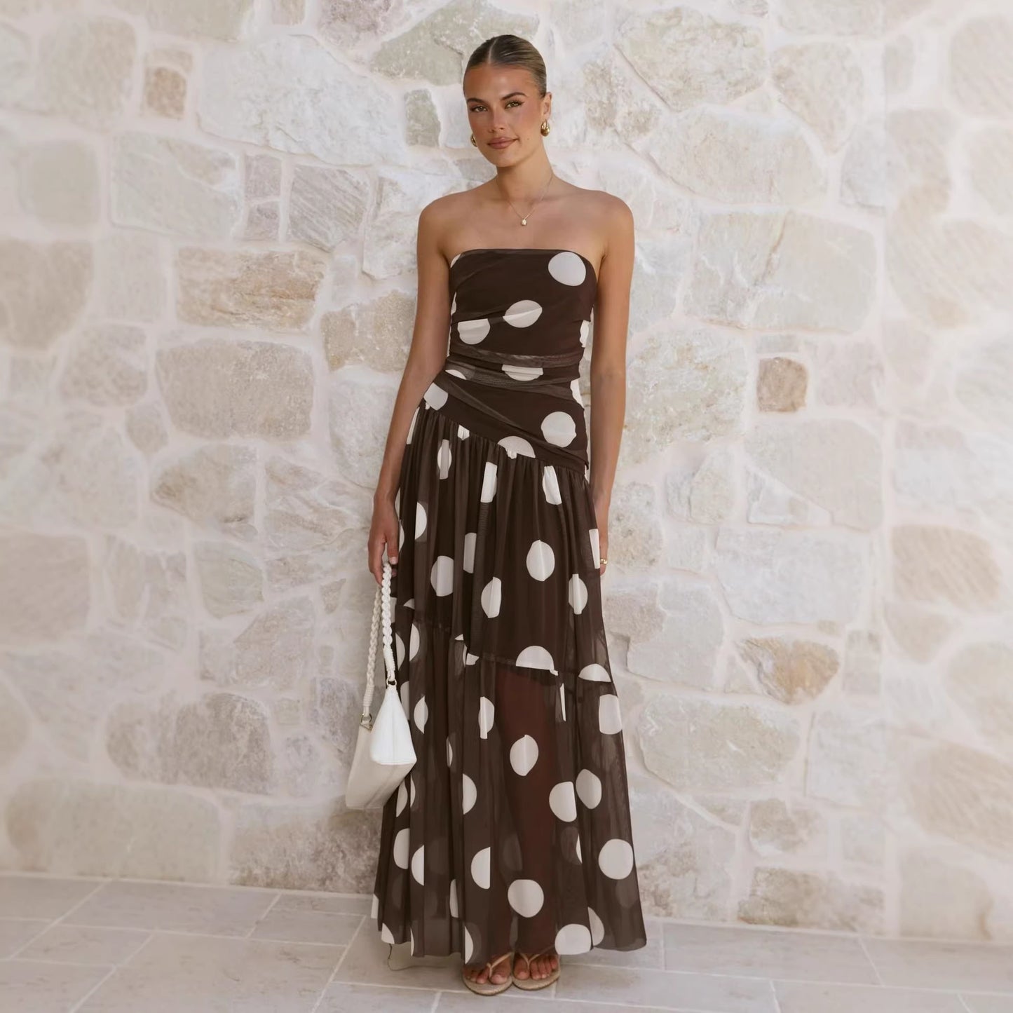 Goods Summer Polka Dot Print Wrapped Chest off Shoulder Mesh Maxi Dress XUYUN