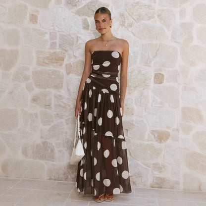 Goods Summer Polka Dot Print Wrapped Chest off Shoulder Mesh Maxi Dress XUYUN