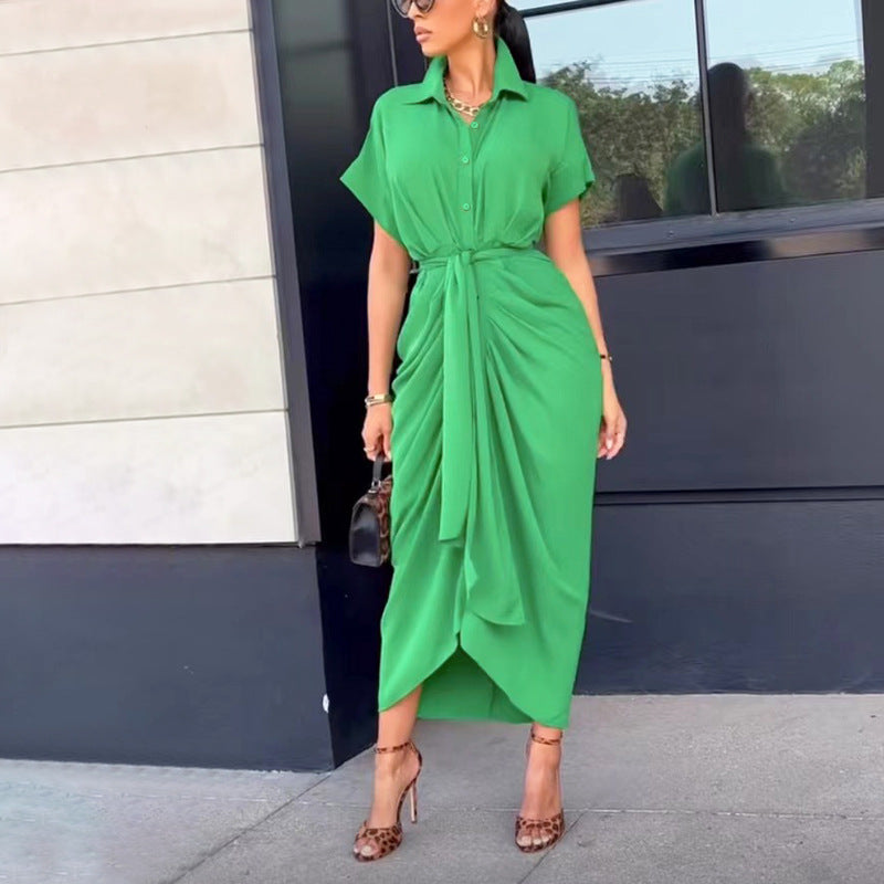 Women Clothing Dress Arrival Collared Elegant Mid Length Short Sleeve Single Breasted High Waist Shirt Dress Hennessy