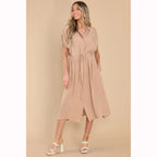 Trendy Summer Fitted Waist Turn down Collar Single Breasted Drawstring Dress XUYUN