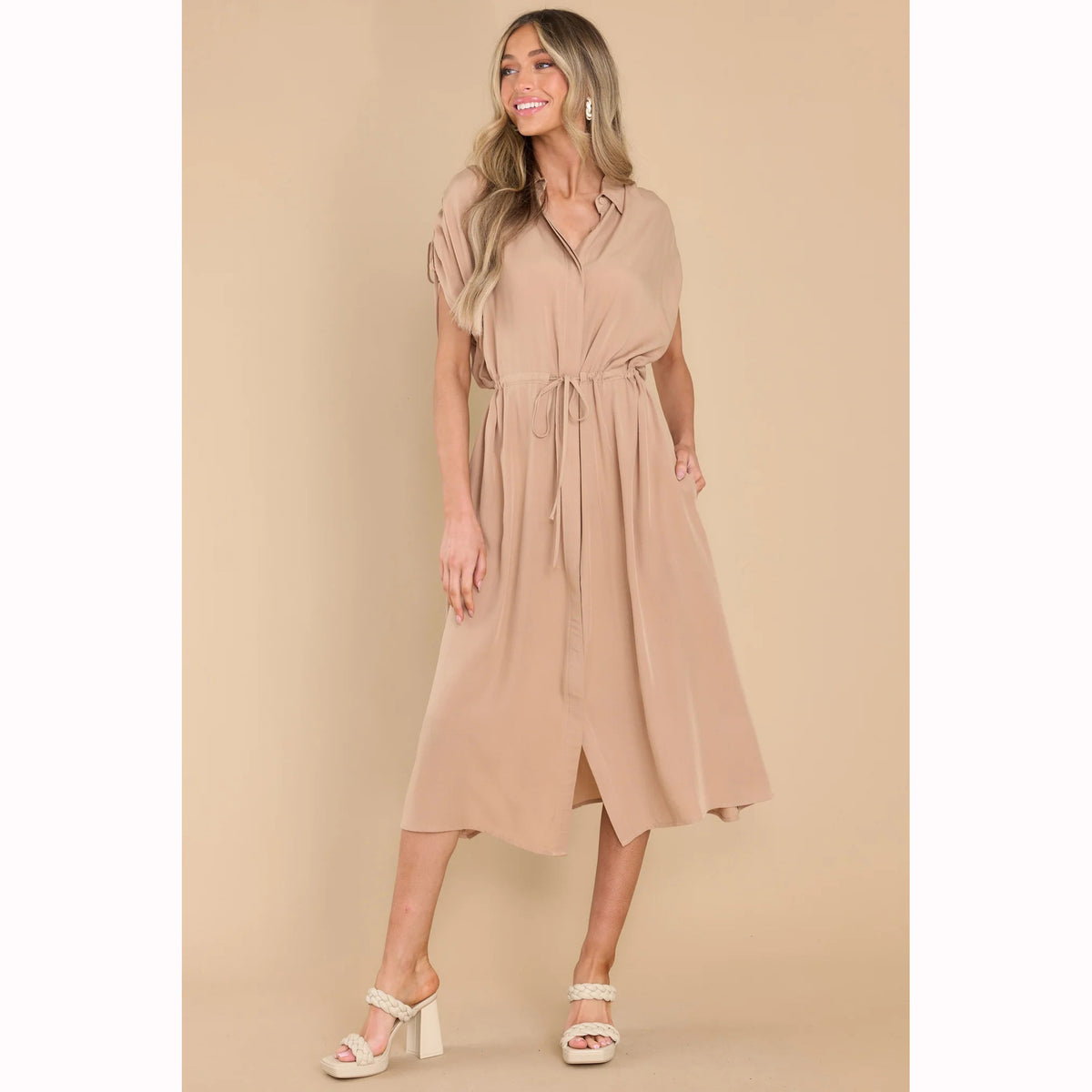 Trendy Summer Fitted Waist Turn down Collar Single Breasted Drawstring Dress XUYUN