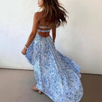Summer Tube Top Floral Dress Seaside Vacation Twisted Hollow Out Cutout out Large Swing Dress for Women Gemi