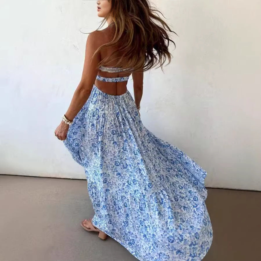 Summer Tube Top Floral Dress Seaside Vacation Twisted Hollow Out Cutout out Large Swing Dress for Women Gemi