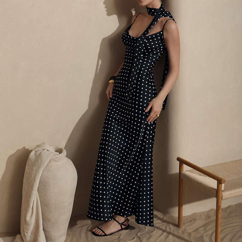 Strap Maxi Dress Summer Halter Strap Fishtail Polka Dot Maxi Dress BlueLine