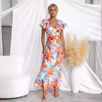 Spring Summer Floral Fresh Sweet V neck Lotus Leaf Sleeve Mid Length Dress XUYUN