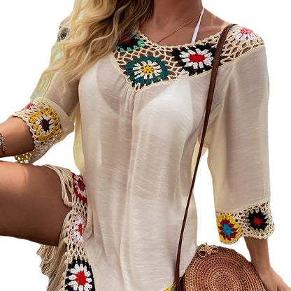 Spring Summer Women Clothing Net Red Lazy Beach Crocheted Blouse Mid-Length Dress