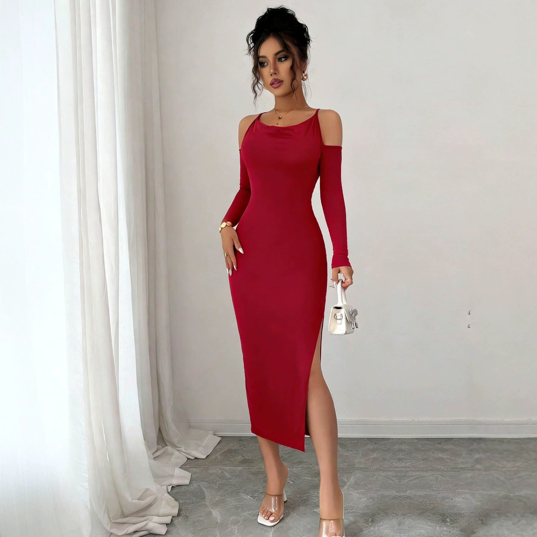 Cross Border Off Shoulder Dress Slimming Slit Bodycon Long Sleeve Formal Mid Length Dress For Banquets Yiskiss