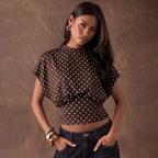 Women Clothing Summer Polka Dot Printed Waist Controlled Loose Top round Neck Short Sleeve T shirt BULLINGER