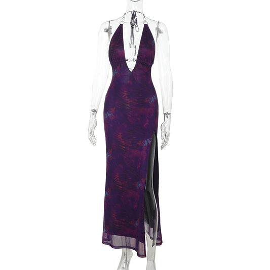 Women Clothing Chain Season Floral Print Slit Sexy V neck Small Backless Slim Fit Dress