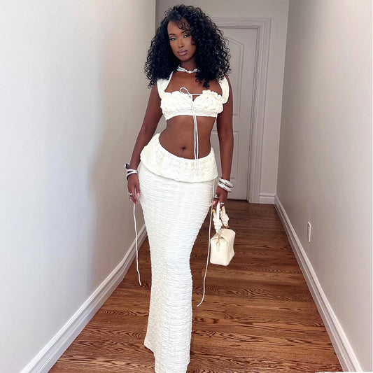 Women Clothing Autumn Lace up Cropped Pleated Sexy Skirt Set