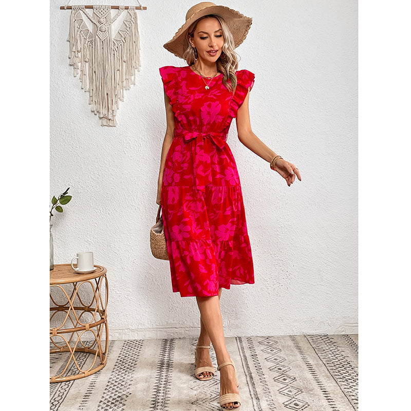 Summer Printed round Neck Ruffled Short Sleeve One Piece Dress for Women HNX