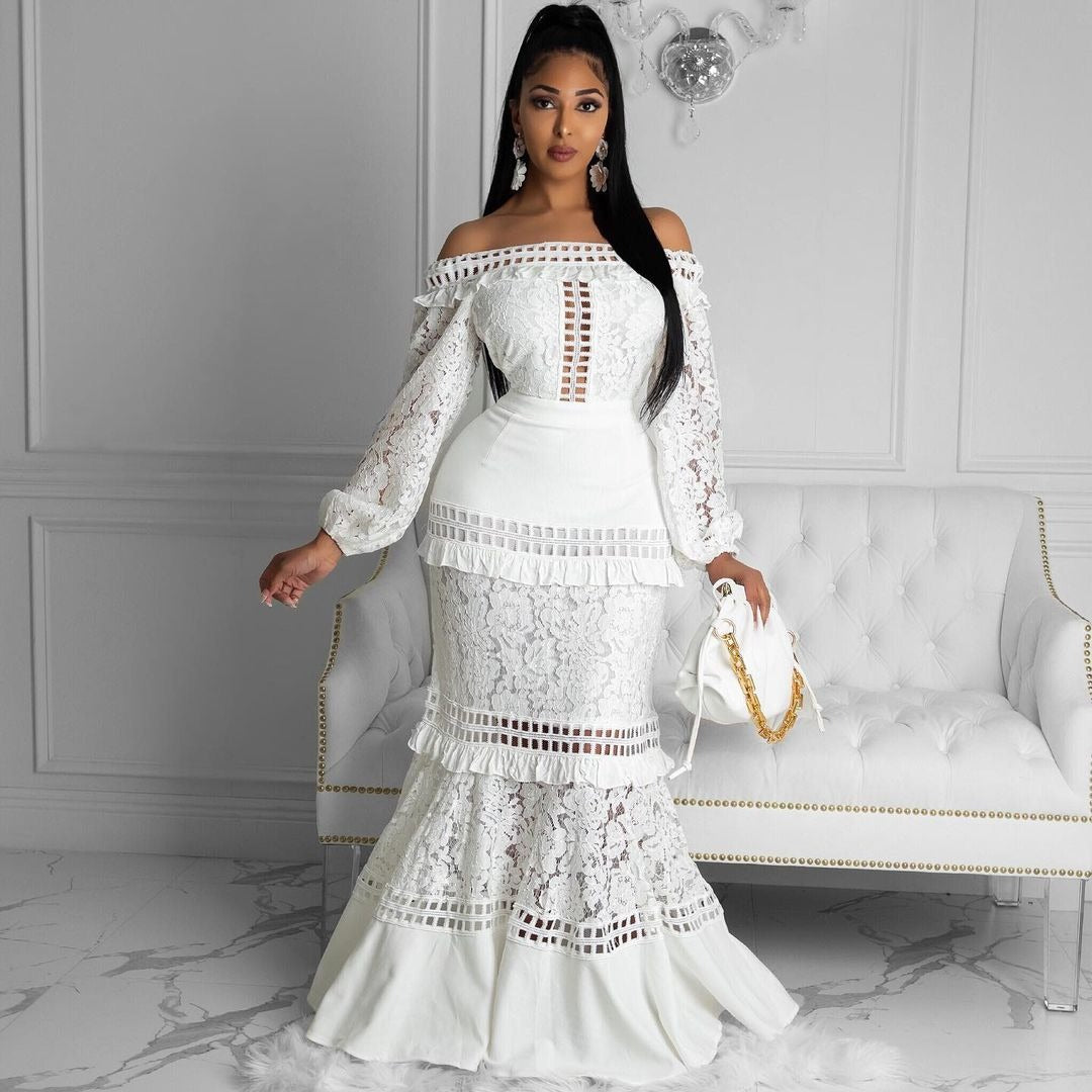 Spring Summer Women Clothing Lace Dress off Shoulder Lotus Leaf Wedding Party Cocktail Dress SCC