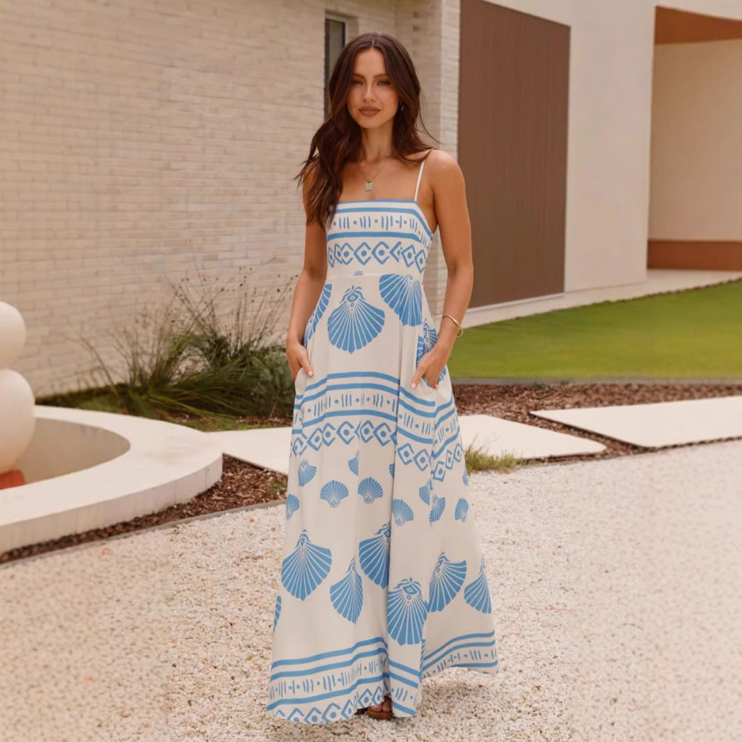 Summer Shell Printed French High Waist Big Swing Sling Maxi Dress Zemy