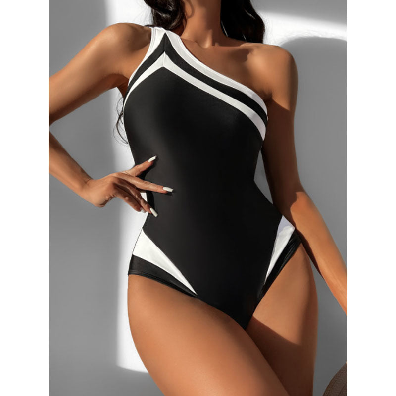 Mono de un hombro con bloques de color para mujer, traje de baño de playa de primavera con cobertura de vientre conservador