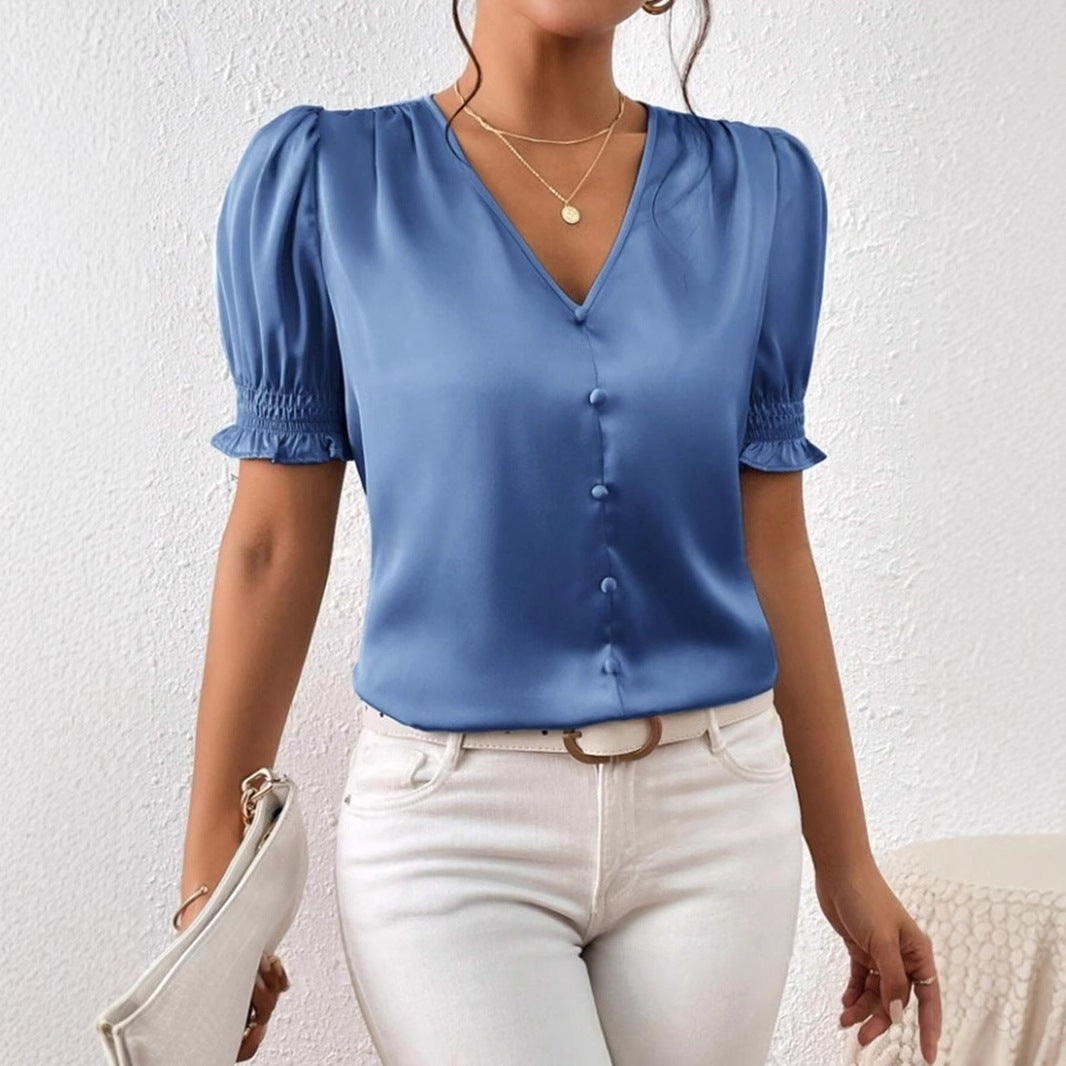 Camisa de satén con cuello en V y botones, blusa informal francesa de manga corta con volantes para primavera y otoño