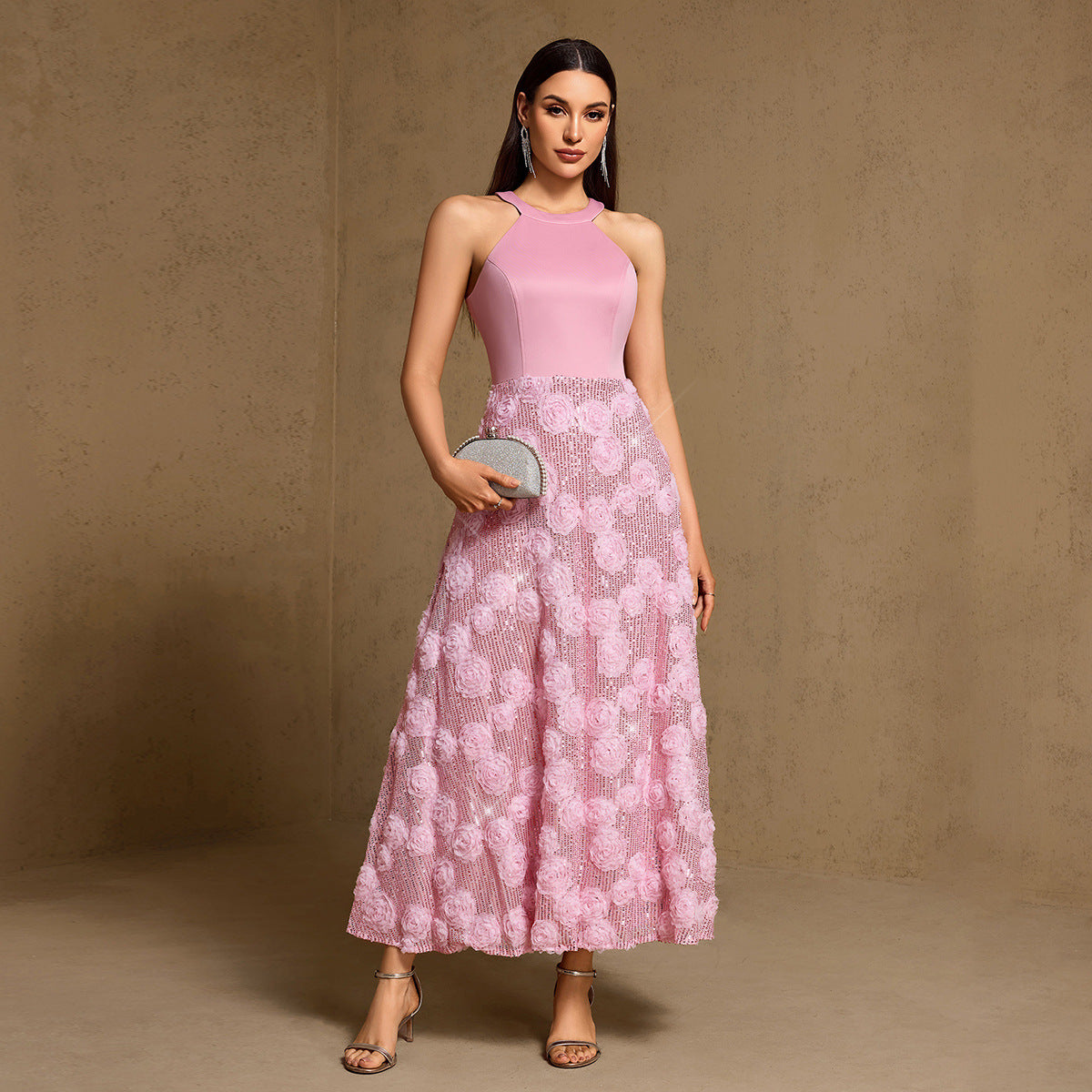 Spring Summer Halter Print Stitching Large Hem Fully Lined Evening Dress Party Dress HENGACHI