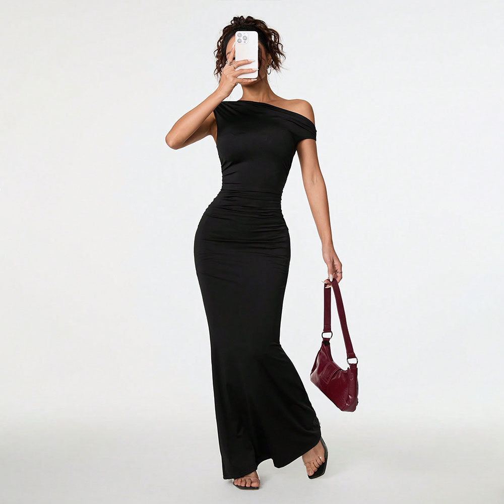 Women Clothing Sexy Socialite Dress Summer Off Shoulder Oblique Collar Black Formal Dress Yiskiss
