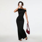 Women Clothing Sexy Socialite Dress Summer Off Shoulder Oblique Collar Black Formal Dress Yiskiss