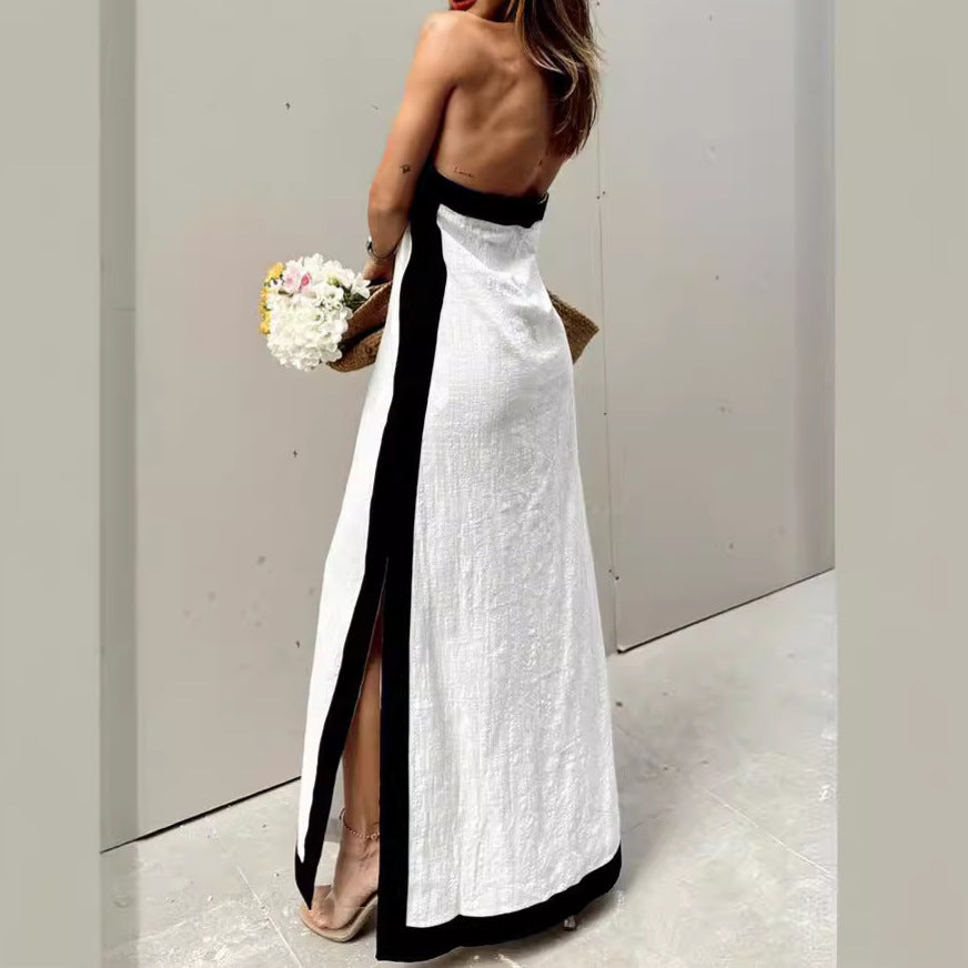 Summer Cotton Linen Backless Halter Split Dress Women Havill