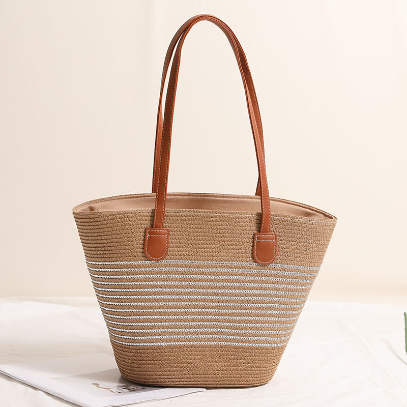 Bolso de paja a rayas con hilo dorado y plateado, tejido con un solo hombro, para playa y vacaciones, para mujer 