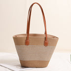 Bolso de paja a rayas con hilo dorado y plateado, tejido con un solo hombro, para playa y vacaciones, para mujer 
