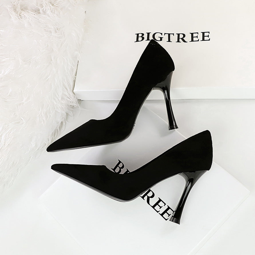 Simple Thin Cocktail High Heels Wine Glass Heel Super High Heel Suede Shallow Mouth Pointed Toe Women Shoes ForestFootwear
