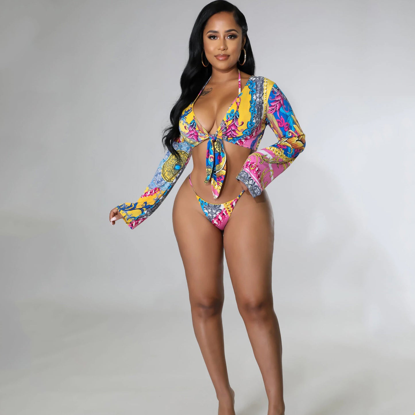 Conjunto de bikini de tres piezas con cordones y estampado sexy para mujer de verano