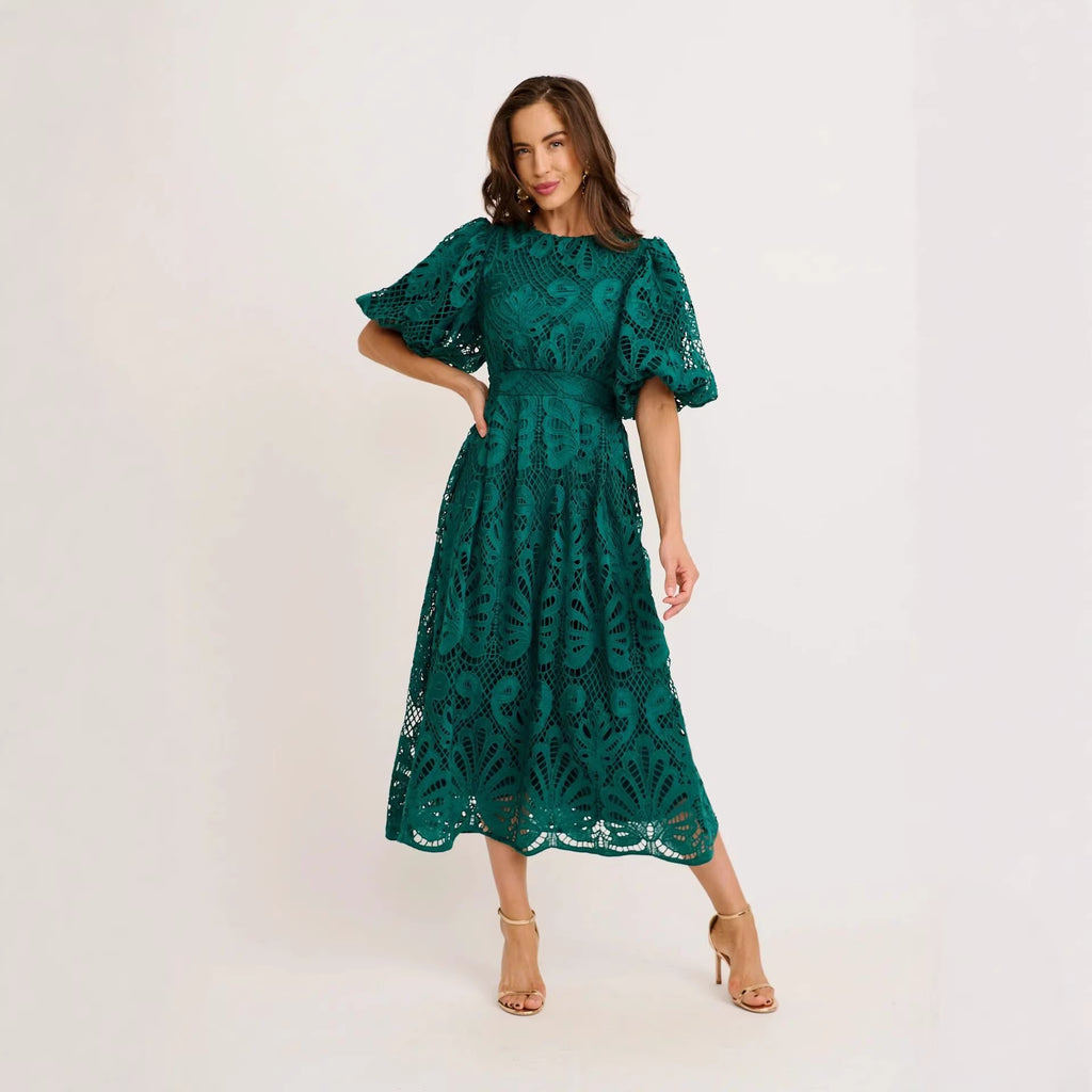 Puff Sleeve Large Swing Dress Dress Hollow Out Cutout out Stitching Water Soluble Lace Waist Solid Color Dress DREAMCHIN