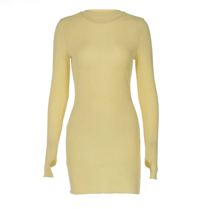 Vestido ajustado de manga larga con cuello redondo y microtransparente, elegante y sexy, para mujer
