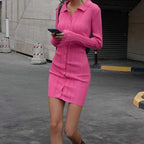 Women Clothing Summer Waist Slimming Sheath Cardigan Button Long Sleeve Knitted Dress MINODI