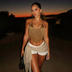 Spring Women Clothing Sexy Sleeveless Backless Halter Lace up Tassel Vest Top YIMAIL