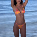 Women Printed Sexy Lace up Backless Beach Gauze Three Piece Split Swimsuit MagicSwing