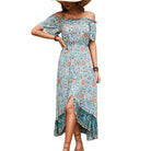 Arrival Summer Floral Blue off-Neck French Retro Dress HUNDRED