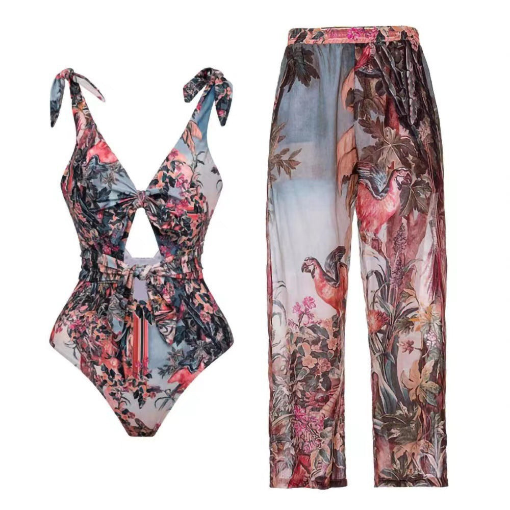 Traje de baño de una pieza de primavera, sexy, estampado de malla, pantalones de cintura alta, bikini