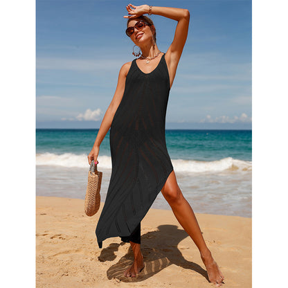 Travel Vacation Sexy Backless V-neck Solid Color Breathable Knitted Slit Maxi Dress Beach Sun Protection Blouse Crochet hook