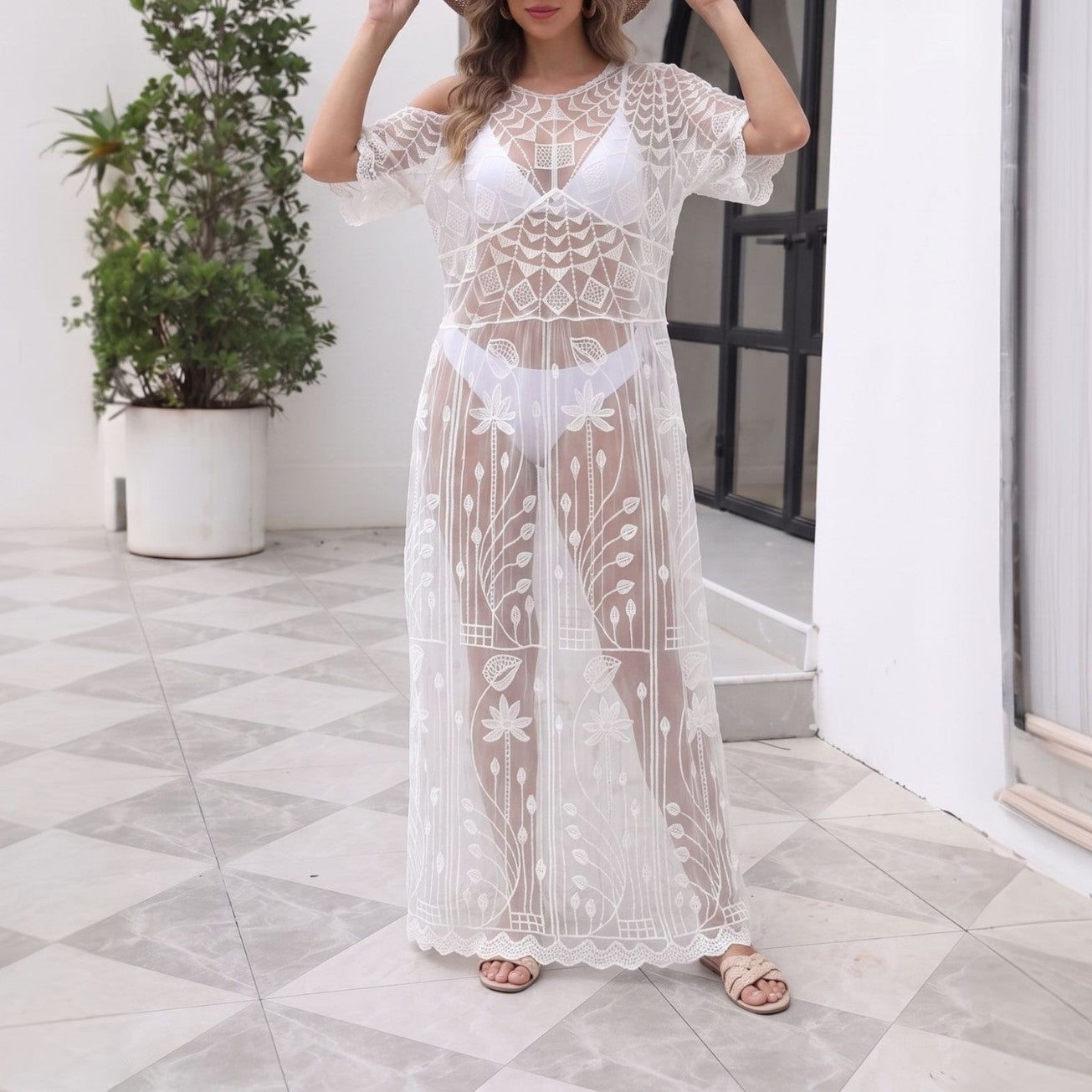 Women Summer Beach Dress Solid Color Sexy Lace Swimsuit Blouse Sun Protective Clothing Mangar