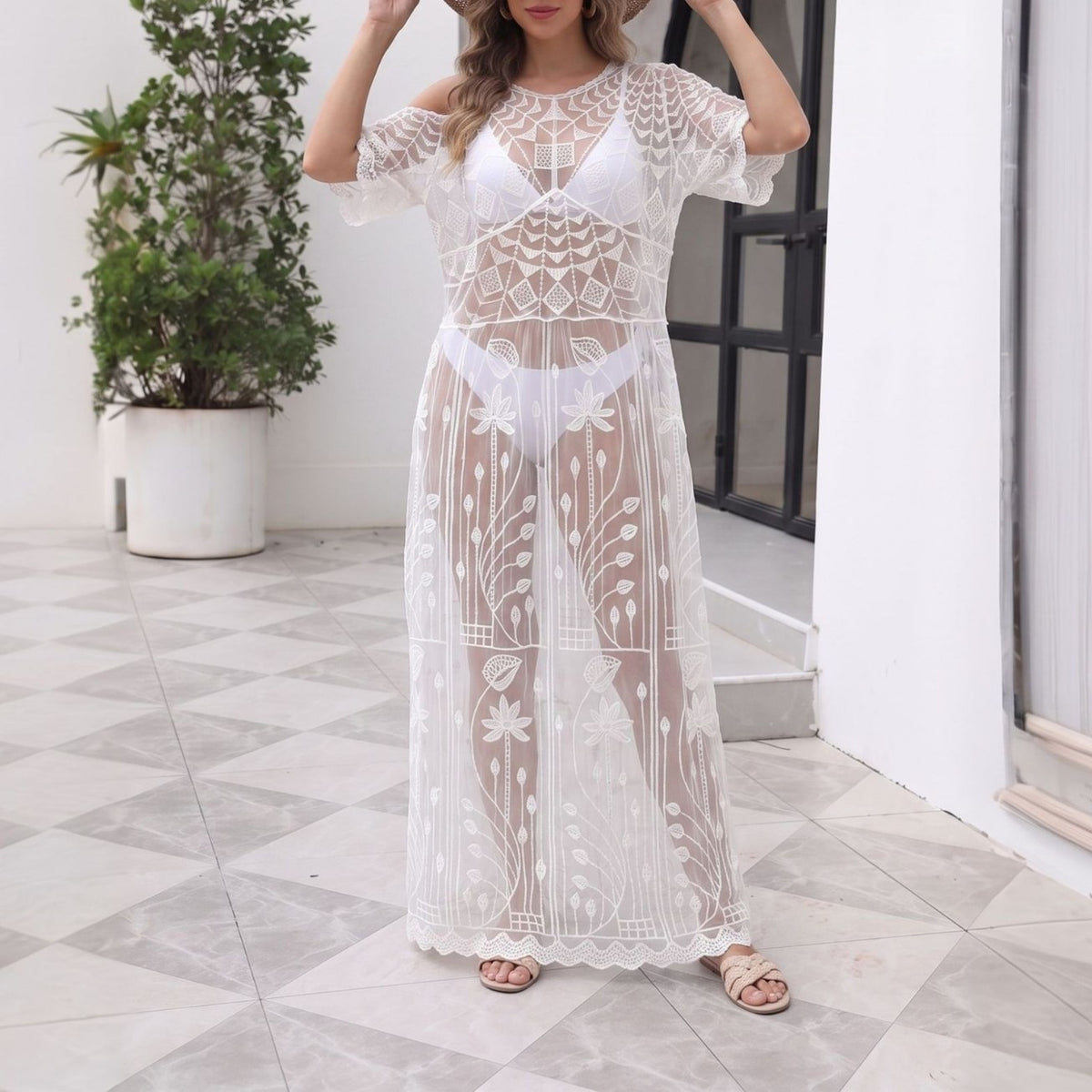 Women Summer Beach Dress Solid Color Sexy Lace Swimsuit Blouse Sun Protective Clothing Mangar
