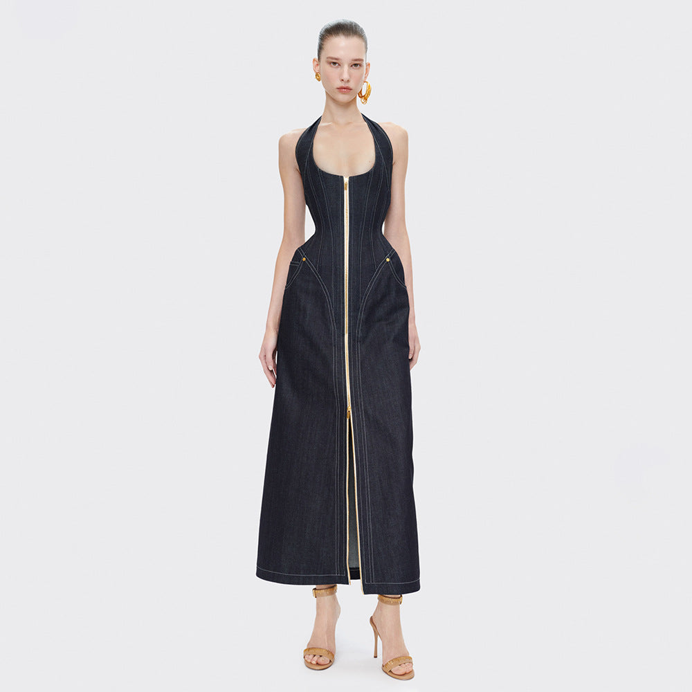 Elegant Solid Color Sleeveless Halter Slim Fit Backless Sheath Dress Denim Summer Sight