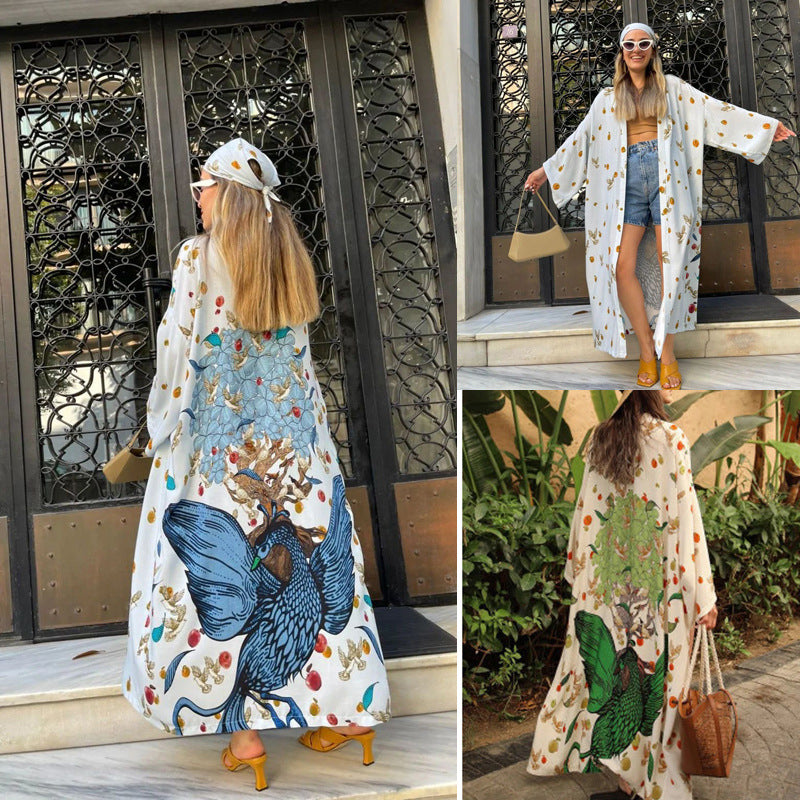 Cárdigan largo de poliéster estampado con protección solar para mujer, traje de baño exterior para playa, abrigo de playa para vacaciones.