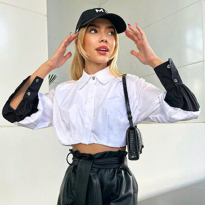 Women Clothing Autumn Polo Collar Stitching Contrast Color Long Sleeves cropped Cardigan Shirt COORAL