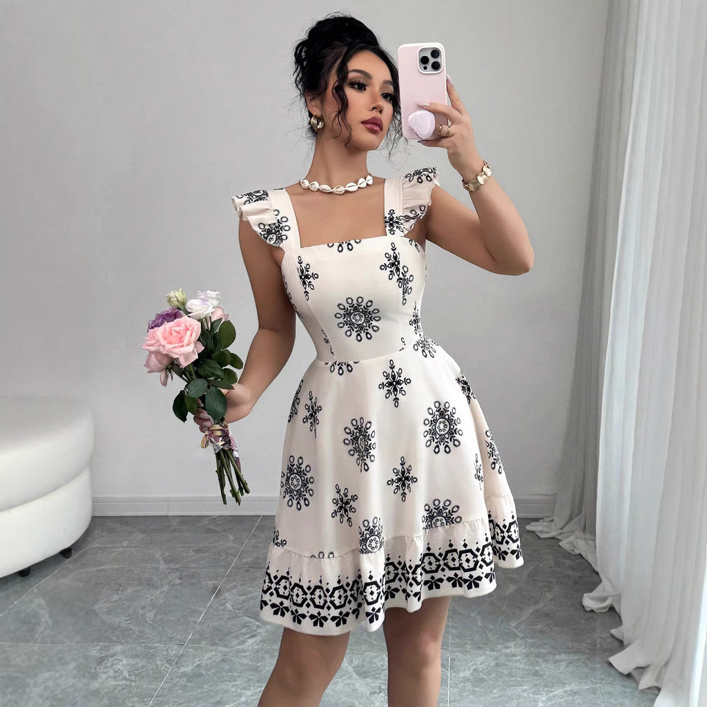 Elegant Multicolor Printing Flying Sleeves A Line Dress AXE
