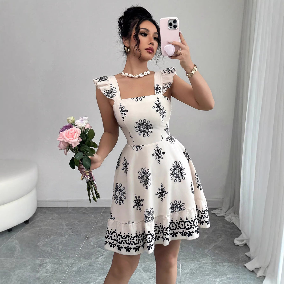 Elegant Multicolor Printing Flying Sleeves A Line Dress AXE