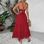 Women Clothing Vintage Red Halter Dress Summer High Waist Backless Dress Yiskiss