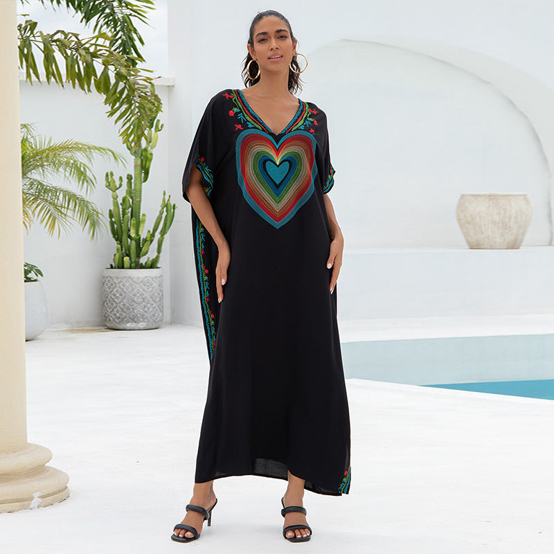 Rayon Embroidered Loose Robe Vacation Beach Dress Women Sun Protective Clothing Beach Cover Up EvenStar
