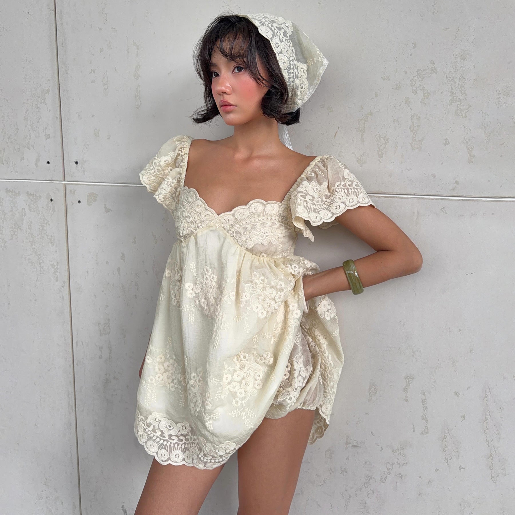 Women Clothing Summer Lace Embroidered Loose Puff Sleeves Sweet Elegance Dress Burgatti